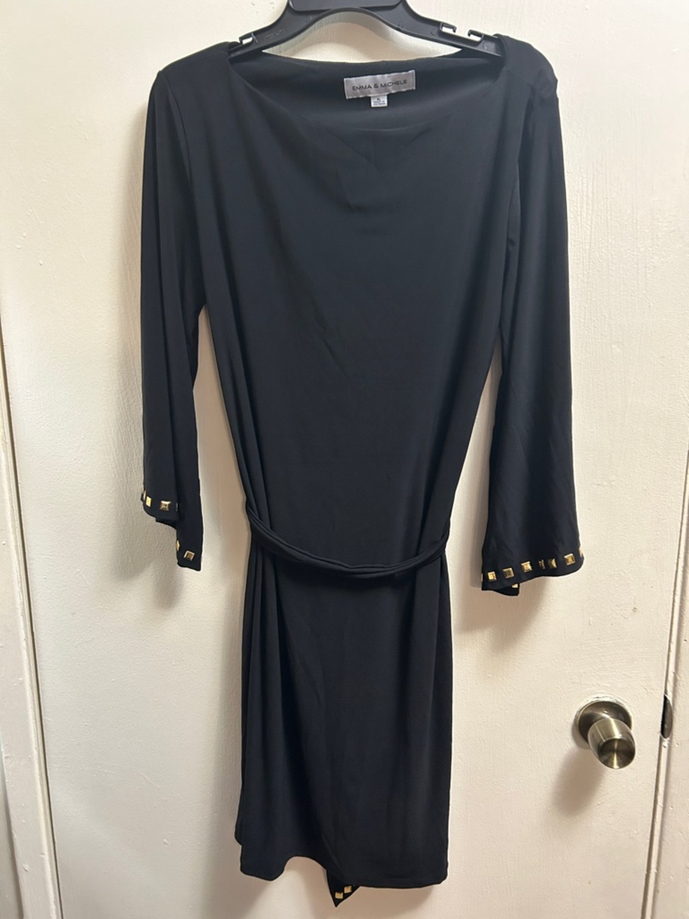 Emma & Michele Black Long Sleeve Belted Dress with Gold Studs
